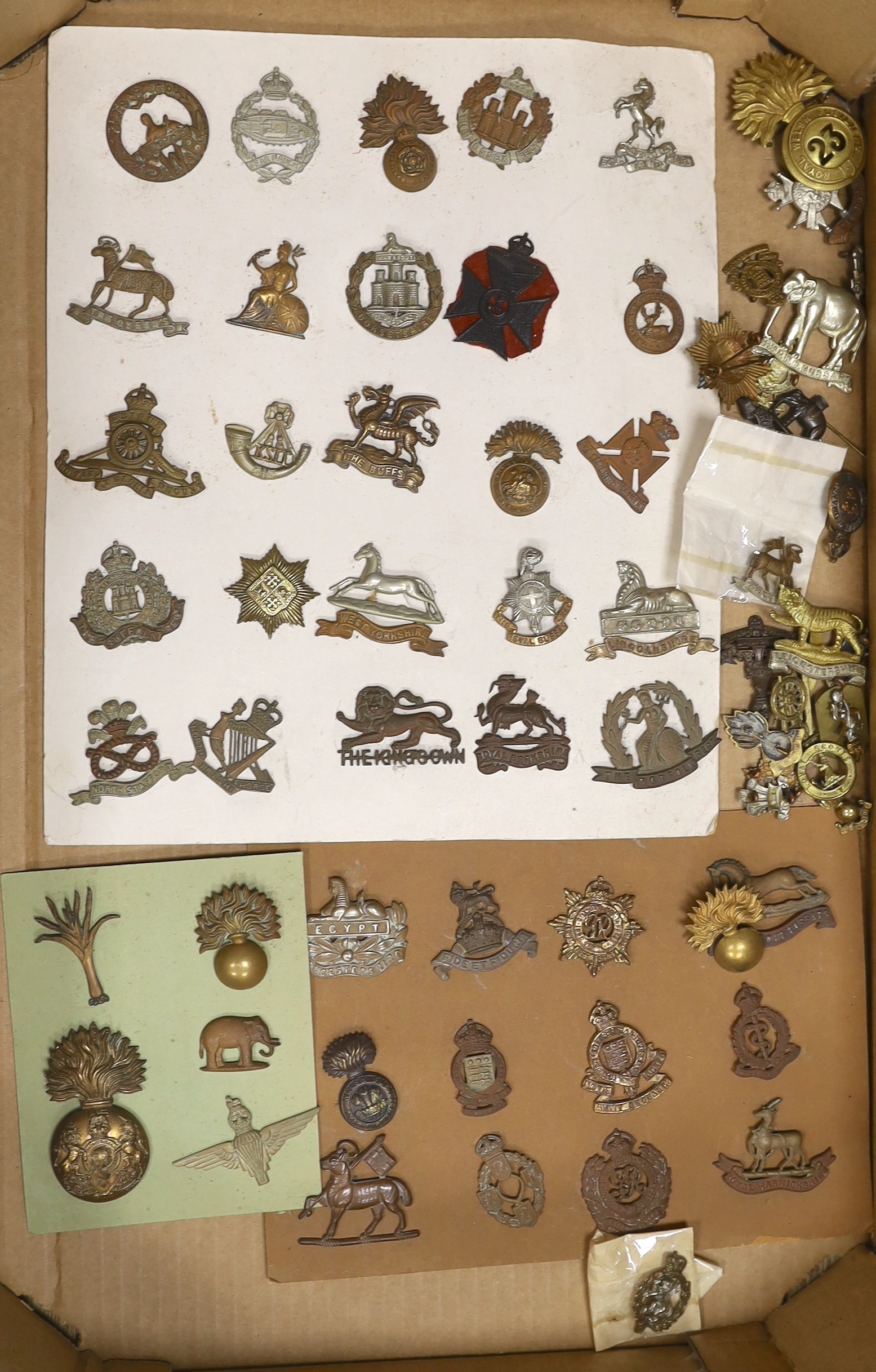 A collection of military cap badges, including Royal Sussex Reg, Royal Warwickshire, King’s Own Hussars, Leicestershire, Royal Welsh Fusiliers, etc. (65)